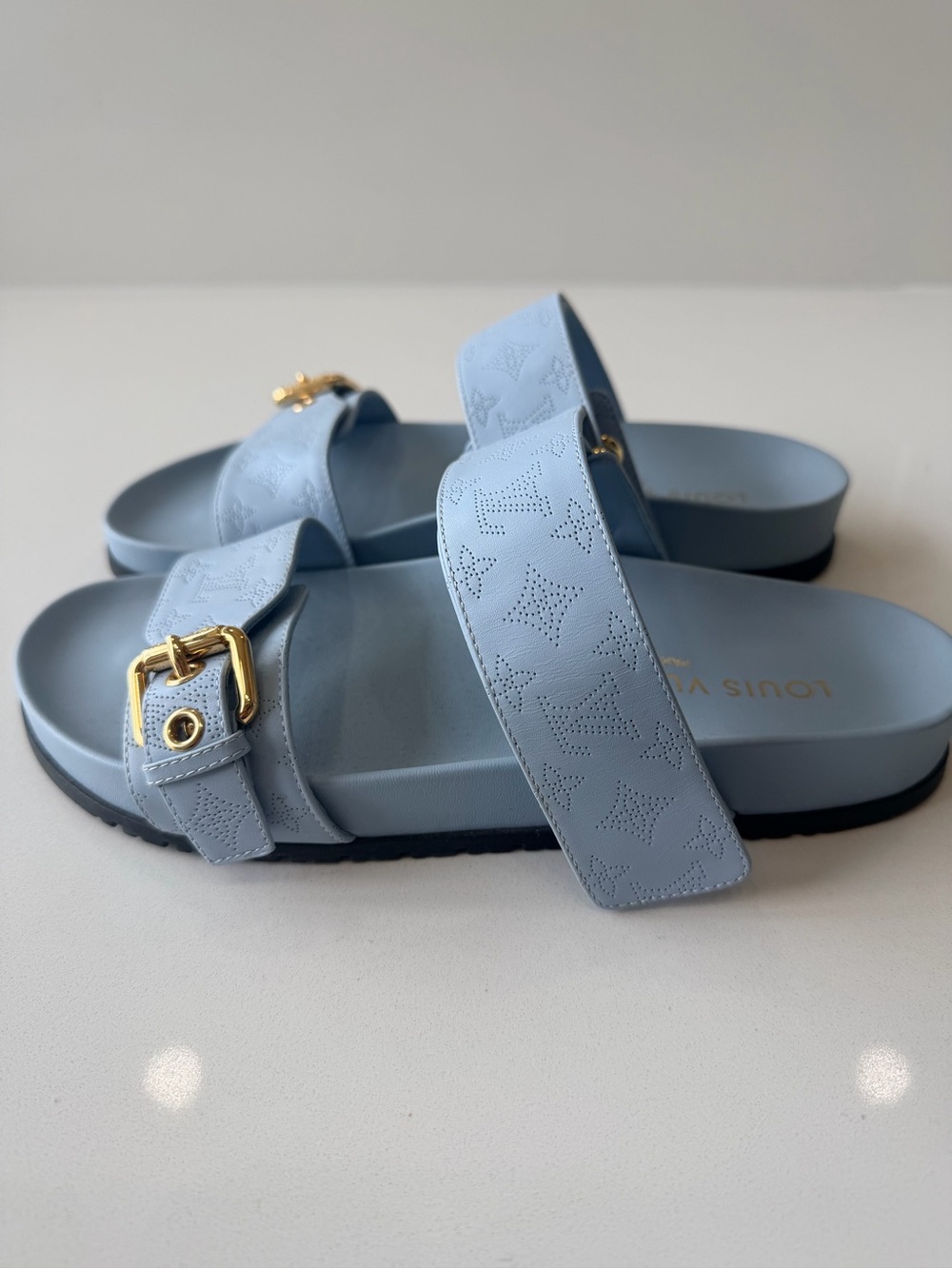 Louis Vuitton Powder Blue Monogram Perforated Double-Strap Slides - Picture 3 of 5